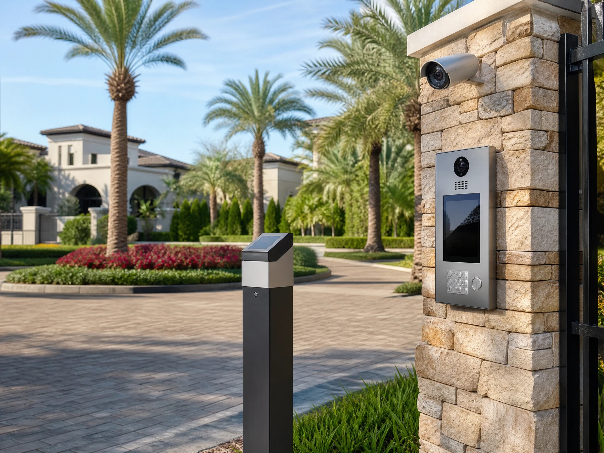 Bright gated community entrance with access control pedestal, intercom, and security camera