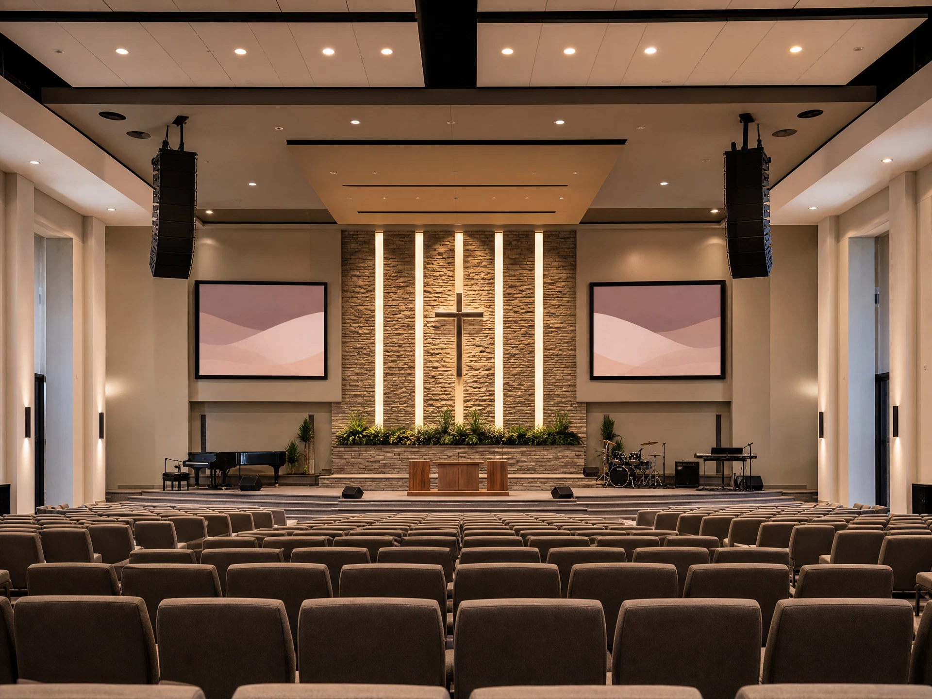 Bright house of worship sanctuary with professional audio and presentation systems