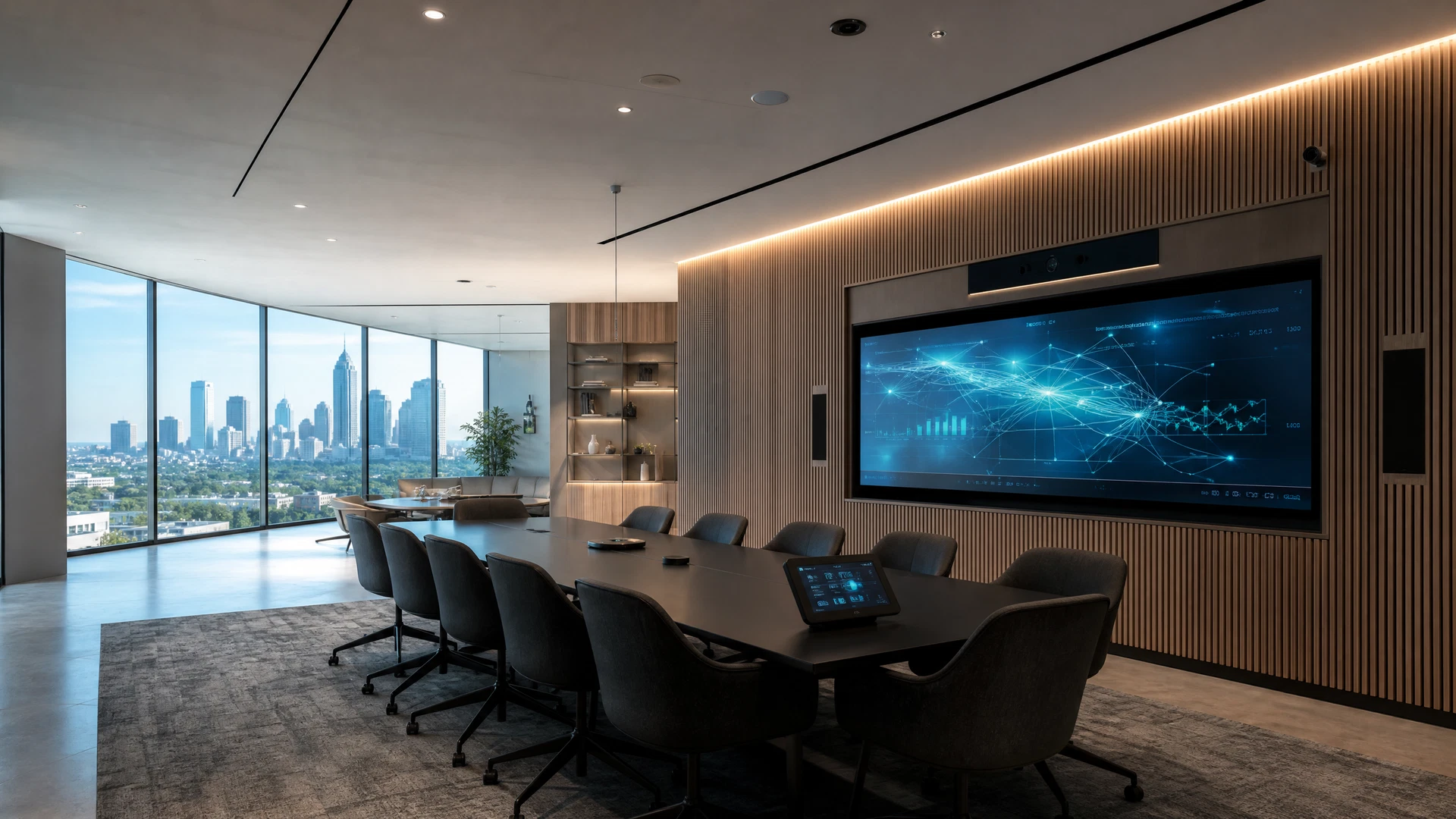 Modern commercial collaboration space with integrated display, audio, control, and security technology