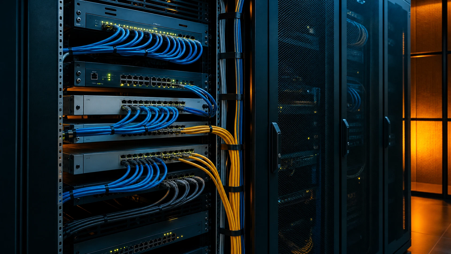 Professional network rack with neatly dressed cabling and enterprise switches