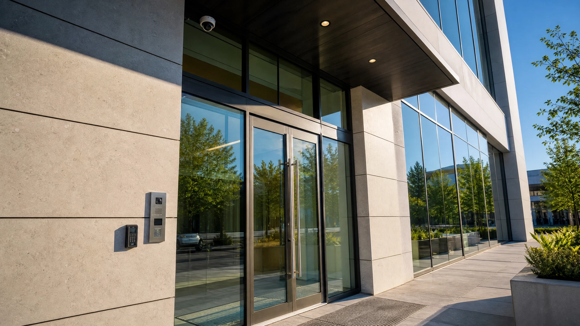 Modern commercial building entrance with glass doors, an access control reader, and a video intercom
